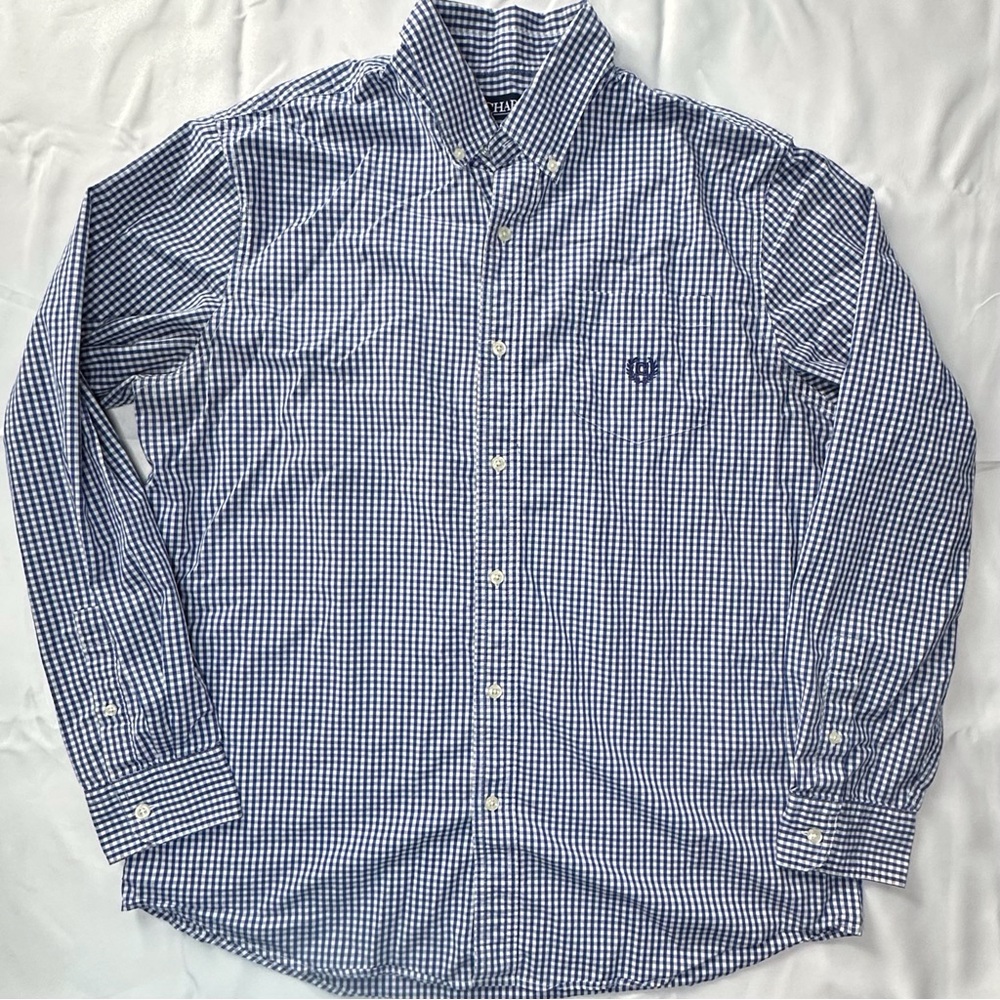 Chaps checkered gingham long sleeve button up shirt men’s large blue & white‎